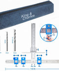 Heavy Duty Cabinet Hardware Jig Kit Featuring Rock Solid Steel Build And Triple Size Center Punch Bits For Flawless Drawer Pull Mounting Zero Guesswork Guaranteed, showing drill bits and measurement guide.