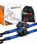 Heavy Duty 2 Inch By 10 Foot Retractable Ratchet Straps Set 4500 Lbs Load Rating with pouch and box in background