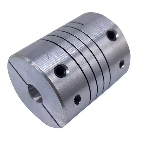 Close-up of Flexible Shaft Coupling One Quarter Inch By Three Eighths Inch D25 L30 Aluminum Rigid Coupler For Precision CNC Milling.