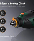 Close-up of Pro Grade Rotary Tool Kit showing universal keyless chuck, green and black design with orange button.