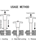 Diagram of usage showing 304 stainless steel Locking Pin With Push Button Quick Release and Safety Rope, illustrating insertion and release.