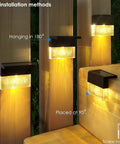 Solar Deck Lights 3000K Warm White Color Changing Outdoor Fence Lights installed on steps in 180° and 90° angles, glowing warm.