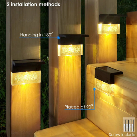 Solar Deck Lights 3000K Warm White Color Changing Outdoor Fence Lights installed on steps in 180° and 90° angles, glowing warm.