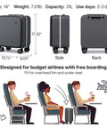 Underseat Carry On Luggage 17x14x9 With PC Hard Shell And Aluminum Frame Top Opening Travel Case On Wheels Scratch Resistant Covestro PC Rock Gray dimensions and usage illustration.