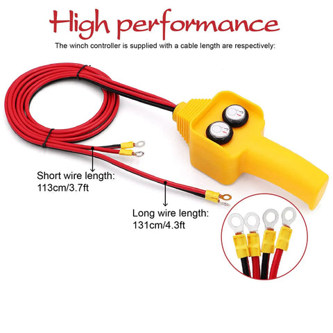 Premium Winch Handheld Control Assembly Replacement Remote Switch For 12V Electric Winches with yellow grip and red cables.