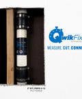 QwikFix 2-Inch Pipe Repair Kit for plastic, cast iron, and steel pipes with couplings and 12-inch PVC pipe in wall cutout.
