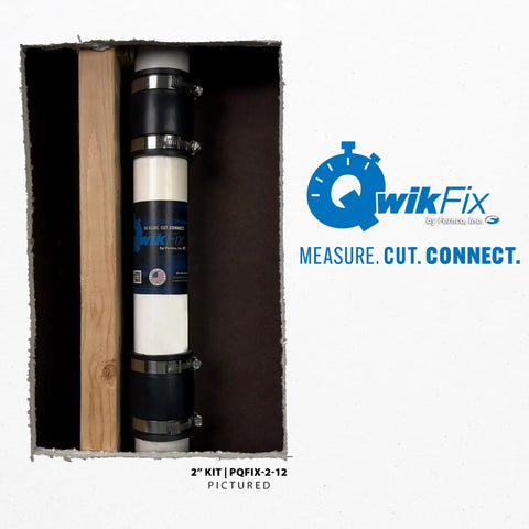 QwikFix 2-Inch Pipe Repair Kit for plastic, cast iron, and steel pipes with couplings and 12-inch PVC pipe in wall cutout.