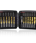 All In One Drill Tap Set With Quick Change Adapter 13 Piece Kit open case showing metric and SAE sizes for drills and tapping