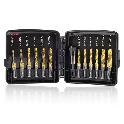 All In One Drill Tap Set With Quick Change Adapter 13 Piece Kit open case showing metric and SAE sizes for drills and tapping