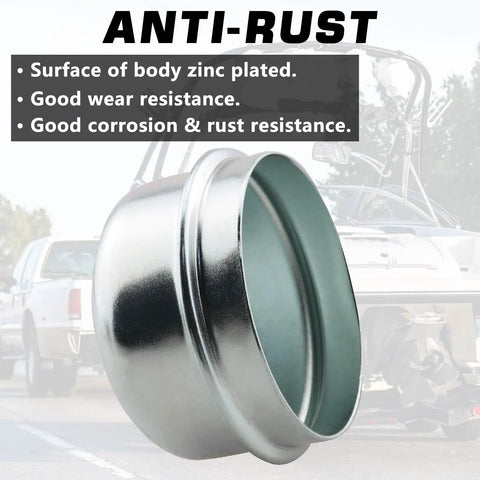 Metal trailer axle dust cap showing anti-rust zinc plating, used with 4 Pack 1.98 Inch Trailer Axle Dust Caps For 2000 To 3500 Lb Boat Trailers Dexter EZ Lube Hubs RV Camper.