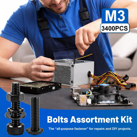 The Whole Shebang M3 Hex Socket Screw And Cap Head Bolt Assortment Kit With Matching Nuts And Washers 3400 Piece Metric Fastener Bundle, set in use with electronics.