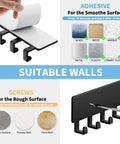 Wall Mounted Key Holder With 10 Hooks No Drill Self Adhesive Matte Black Metal Key Rack for Hallway Home Office showing adhesive and screw options