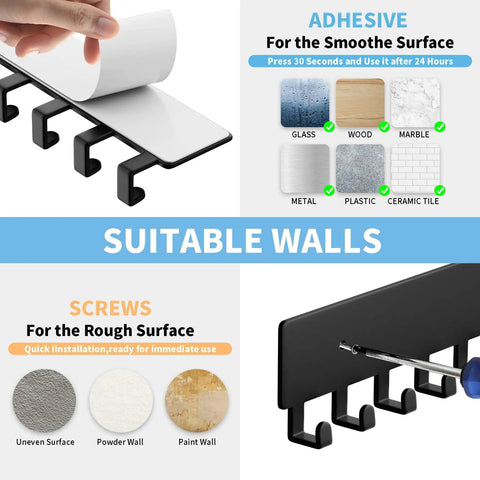 Wall Mounted Key Holder With 10 Hooks No Drill Self Adhesive Matte Black Metal Key Rack for Hallway Home Office showing adhesive and screw options