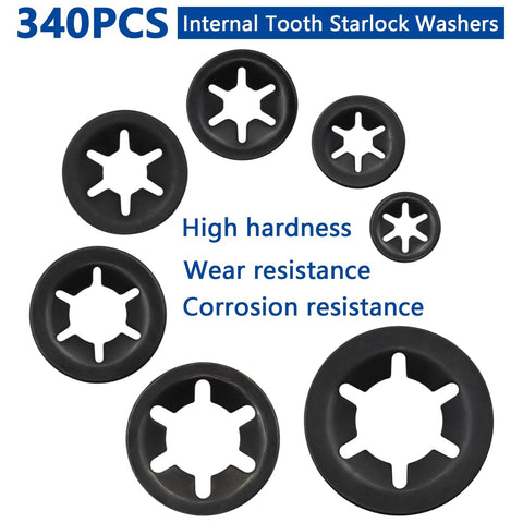 Internal-tooth starlock washers set, 340-piece, 7 sizes, 65Mn steel with black oxide finish