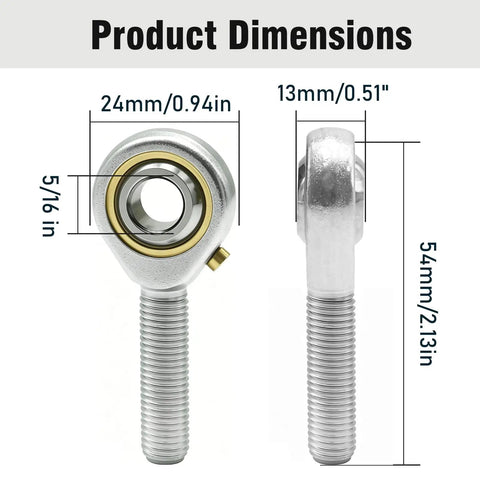 Four Pack POSB5 Male Rod End Bearings, 5/16 Bore, 5/16-24 Right Hand Thread, Self Lubricating Joint For Hydraulic Cylinders And Automation Equipment, Heavy Duty Steel With Zinc Plated Finish For Tough, Long-Lasting Performance. Product dimensions shown, 24mm x 54mm