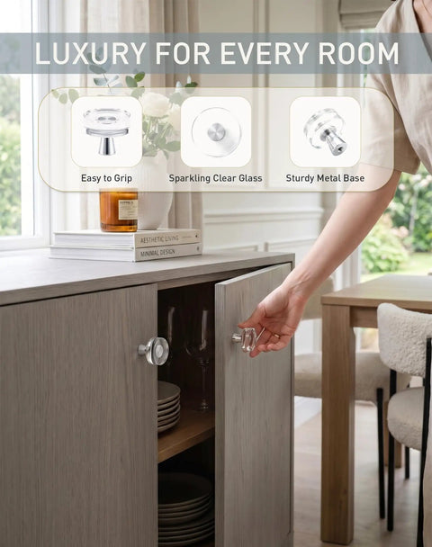 Person opening cabinet with Glass Cabinet Knobs Set Of Eight In Silver With Clear Crystal Ring For Dresser Cabinet And Drawer Pulls 1.2 Inch