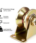 NouraVita 2-inch V-groove gate caster with bracket, gold finish; close-up view, 650 lb per caster