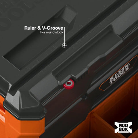 Top view of Modbox Three Drawer Rolling Toolbox With Ball Bearing Slides showing ruler and V-groove detail for round stock.