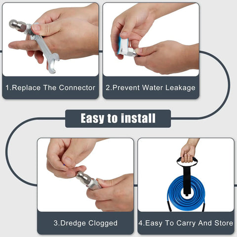 Diagram showing steps to install 100 Ft Sewer Jetter Kit For Pressure Washer 5800 PSI with nozzles, tape, and spanners