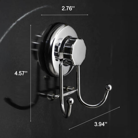 Powerful Vacuum Suction Cup Hooks Holder For Towel Robe And Loofah In Chrome Stainless Steel Rust Resistant Bathroom And Kitchen Organizer No Tools No Drilling Easy Install Boss Hold with dimensions shown on a dark background