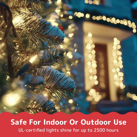 Close-up of Christmas tree illuminated with Clear 300 Count Christmas String Lights On Green Wire, 60 Ft Warm White Indoor Outdoor Use