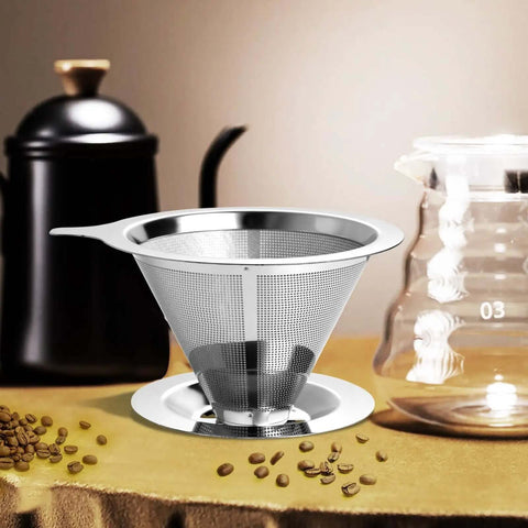 Stainless Steel Pour Over Coffee Filter Dripper For One To Two Cups, Paperless Reusable Coffee Maker on a tabletop