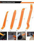 Four orange fastener removal tools with sizes, part of the 18 Size Push Bumper Fastener Rivet Clips Kit For Cars With 18 Most Popular Sizes Universal Auto Push Pin Rivets For Mercedes Benz BMW Toyota Honda Subaru Nissan Mazda And More DIY Friendly.