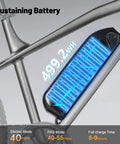Race 21 Speed Electric Mountain Bike For Adults with visible removable 48V 10.4Ah battery on frame, energy capacity highlighted