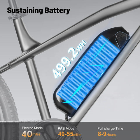 Race 21 Speed Electric Mountain Bike For Adults with visible removable 48V 10.4Ah battery on frame, energy capacity highlighted