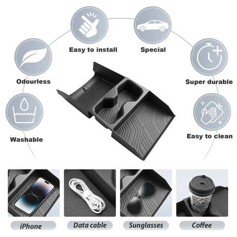 2025 2026 Hyundai Tucson Center Console Organizer Lower Tray With Cup Holder For Limited And Hybrid Models Durable Black ABS Plastic Keeps Small Items Within Reach And Neatly Stowed Accessory For Your 2025 2026 Tucson