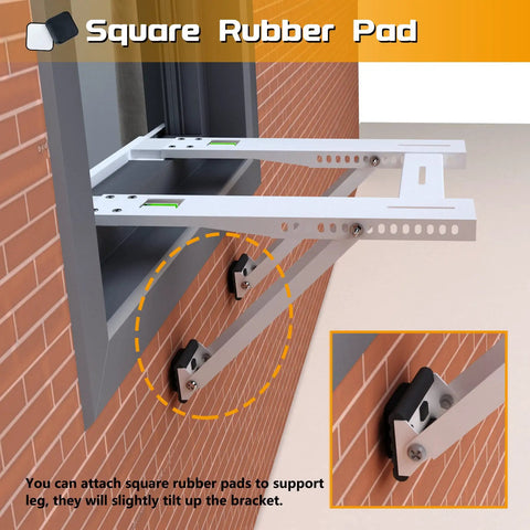 Drillless Window Air Conditioner Bracket For Easy Mounting showing square rubber pad on brick wall with support arm.
