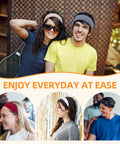 Couple wearing Eight Pack Headbands For Women And Men Non Slip Sweat Wicking Sports Hairbands, smiling outdoors