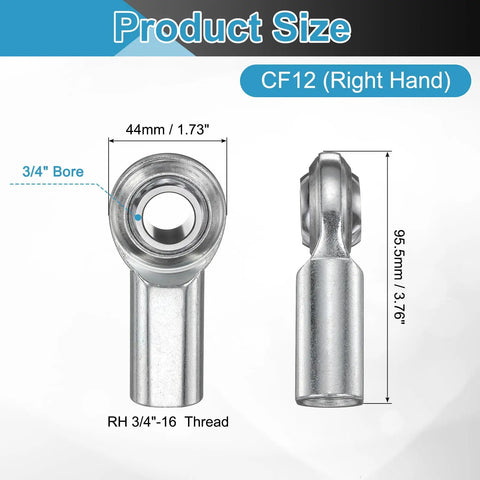 Badass CF12 Rod End Bearings 2 Pack With 3 4 Inch Right Hand Female Thread And Secure Jam Nut Built From 1045 Carbon Steel For Smooth Heavy Duty Applications, showing dimensions and bore details.