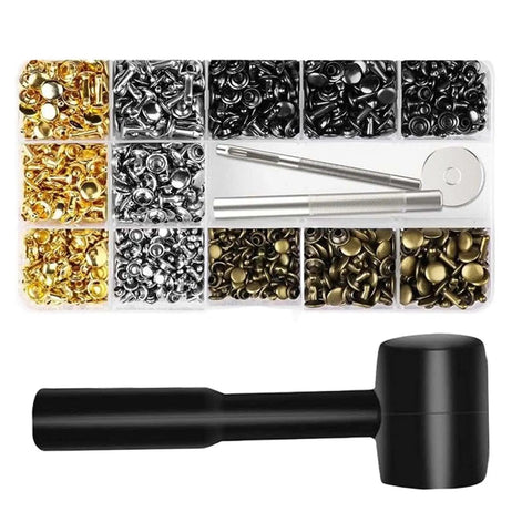 480 Piece Snap Button Fastener Kit For Leather Clothing And Crafts With Stainless Steel Caps Posts Screws And Installer Tools Pro Grade Easy Press Set For Bags Hats Belts DIY Repair. Assorted snap parts and hammer tool