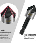 Five Piece Countersink Drill Bit Set With 82 Degree, Five Flute, 1/4 Inch Hex Shank, High Speed Steel Bits with a 3/4 inch and 5/8 inch bit