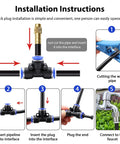 Installation instructions for Dope 50Ft 5/16 Inch Drip Irrigation Kit with adjustable spray nozzles showing assembly steps.