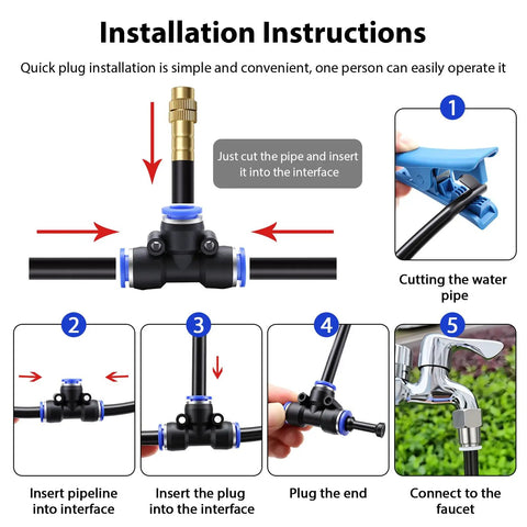 Installation instructions for Dope 50Ft 5/16 Inch Drip Irrigation Kit with adjustable spray nozzles showing assembly steps.