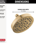 5-Setting Champagne Bronze Shower Head With High Pressure Spray And Pause Setting 6 Inch Round 1.75 GPM Flow Water Saving Full Body Power Showerhead For Modern Bathrooms showing dimensions