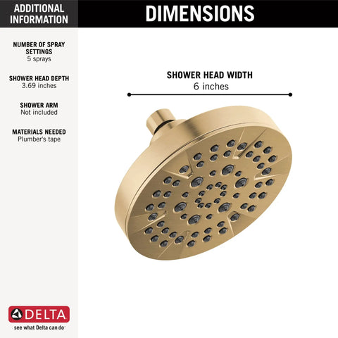 5-Setting Champagne Bronze Shower Head With High Pressure Spray And Pause Setting 6 Inch Round 1.75 GPM Flow Water Saving Full Body Power Showerhead For Modern Bathrooms showing dimensions