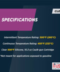 Front view: Rutland clear 500°F silicone sealant specs card; 10.3 oz cartridge; intermittent 500°F, continuous 450°F.