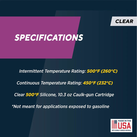 Front view: Rutland clear 500°F silicone sealant specs card; 10.3 oz cartridge; intermittent 500°F, continuous 450°F.