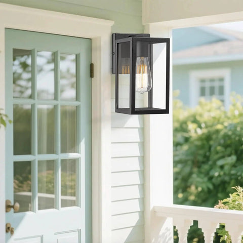 Exterior Wall Lantern Outdoor Sconce For Porch And Patio Lighting, Weather Resistant Black Finish, mounted on a porch wall