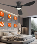 52 Inch Ceiling Fan With LED Light And Remote Control, Flush Mount Low Profile Black Finish above modern bedroom