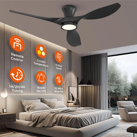 52 Inch Ceiling Fan With LED Light And Remote Control, Flush Mount Low Profile Black Finish above modern bedroom