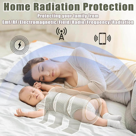 Mother and baby sleeping under EMF protective shield promoting home radiation protection.
