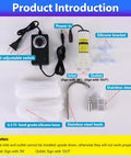 Compact Electric Water Transfer Pump With Top Shelf Food Grade Hoses And Plug And Play Adjustable Speed Settings For A Steady Two Liter Per Minute Stream During Quick 110 Volt Hookups with speed-adjustable switch and accessories.