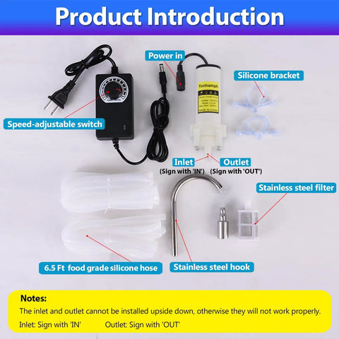 Compact Electric Water Transfer Pump With Top Shelf Food Grade Hoses And Plug And Play Adjustable Speed Settings For A Steady Two Liter Per Minute Stream During Quick 110 Volt Hookups with speed-adjustable switch and accessories.