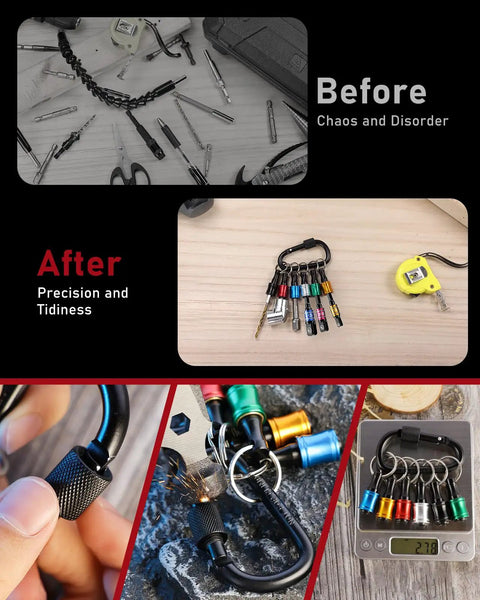 Image of Lightweight 1/4 Inch Hex Shank Aluminum Bit Holder With Quick Change Extension Bar And Keychain Carabiner for drill bits, showing before and after organization.