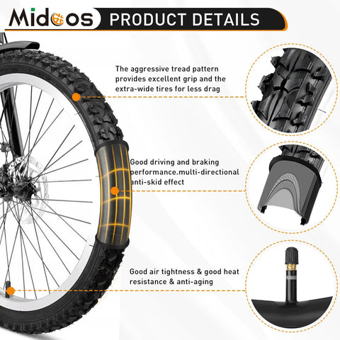 Folding 20x2.125 Mountain Bike Tires Pack With Levers and Schrader Valve Puncture Resistant Replacement Tires For BMX MTB Off Road Riding 57 406 Size Two Pack showing tire details, tread pattern, and valve.