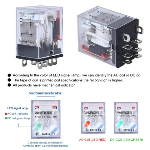 Two Pack Electromagnetic Power Relays 8 Pin DPDT 2NO 2NC 10A 110 120 VAC Coil With Socket Base LED Indicator DIN Rail Mount close-up